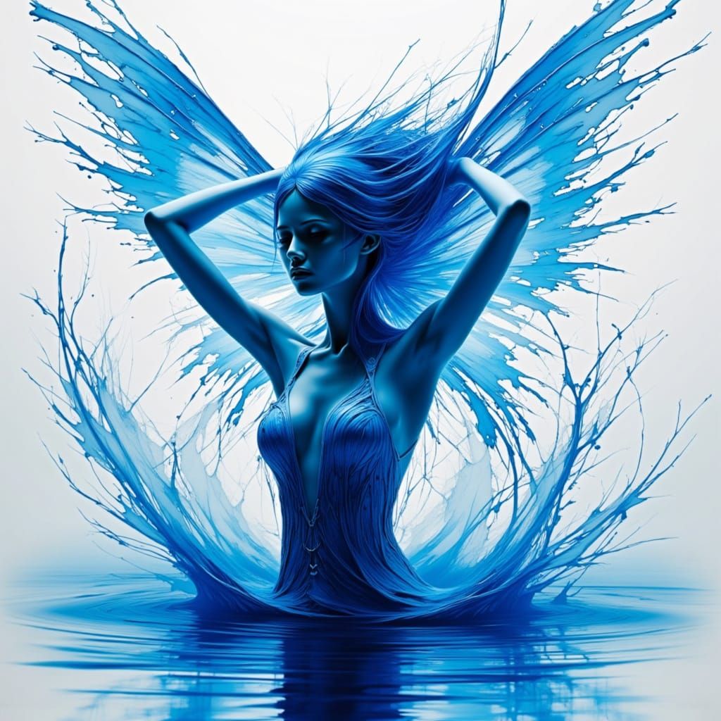 Blue Fairy Emerges From Pond in Surreal Digital Art Style