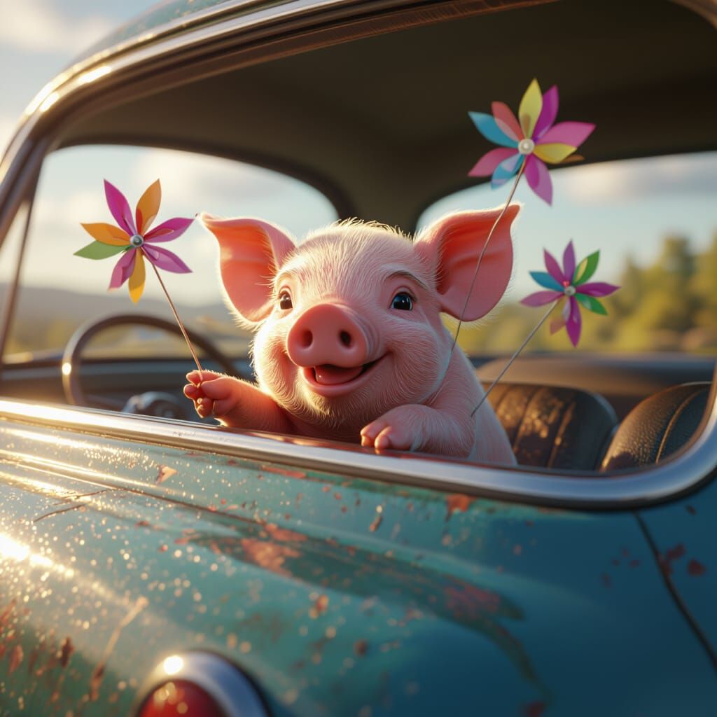 Piggy with Pinwheels in Car Window - Fantasy Matte Painting