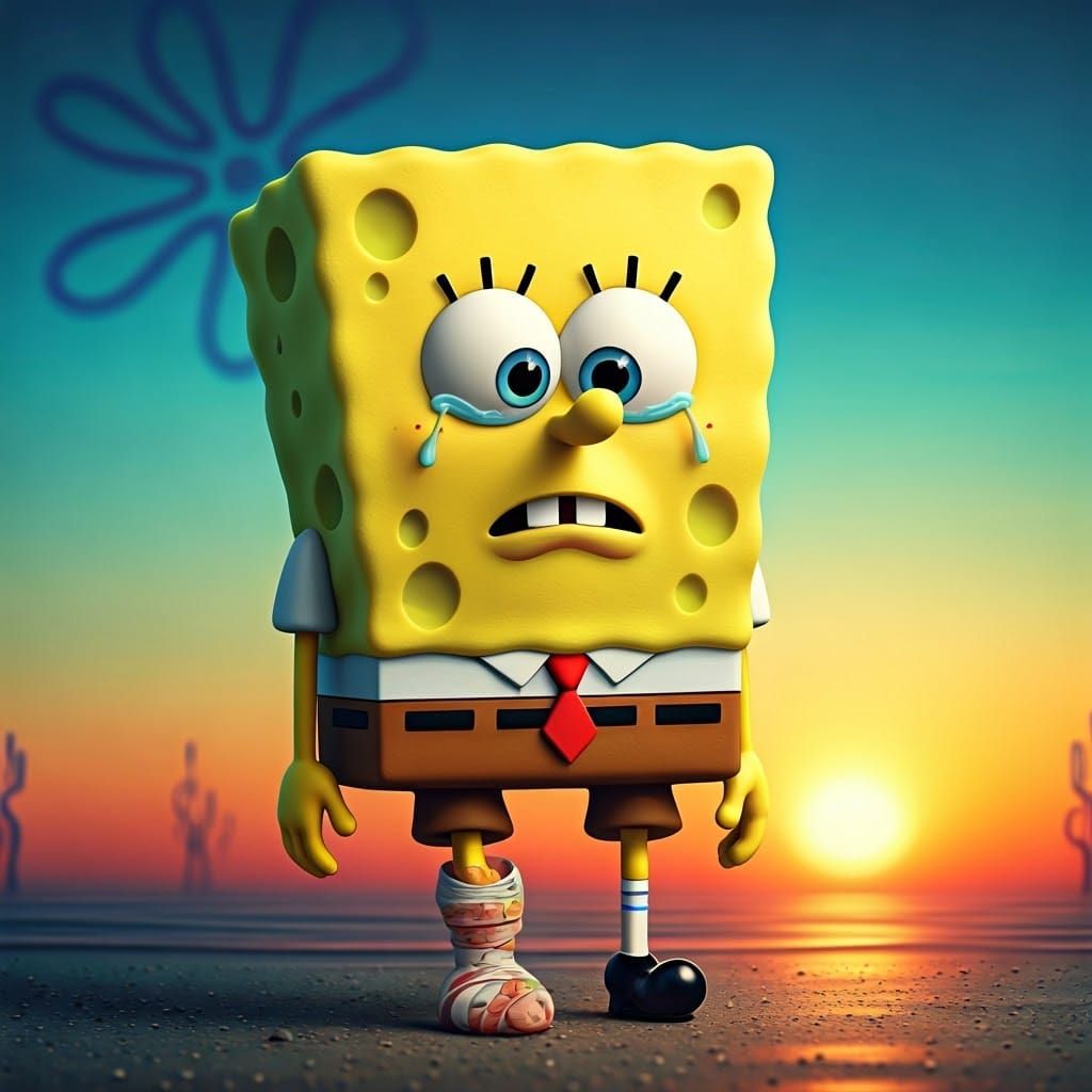 SpongeBob Cries Over Injured Leg in 3D Digital Art