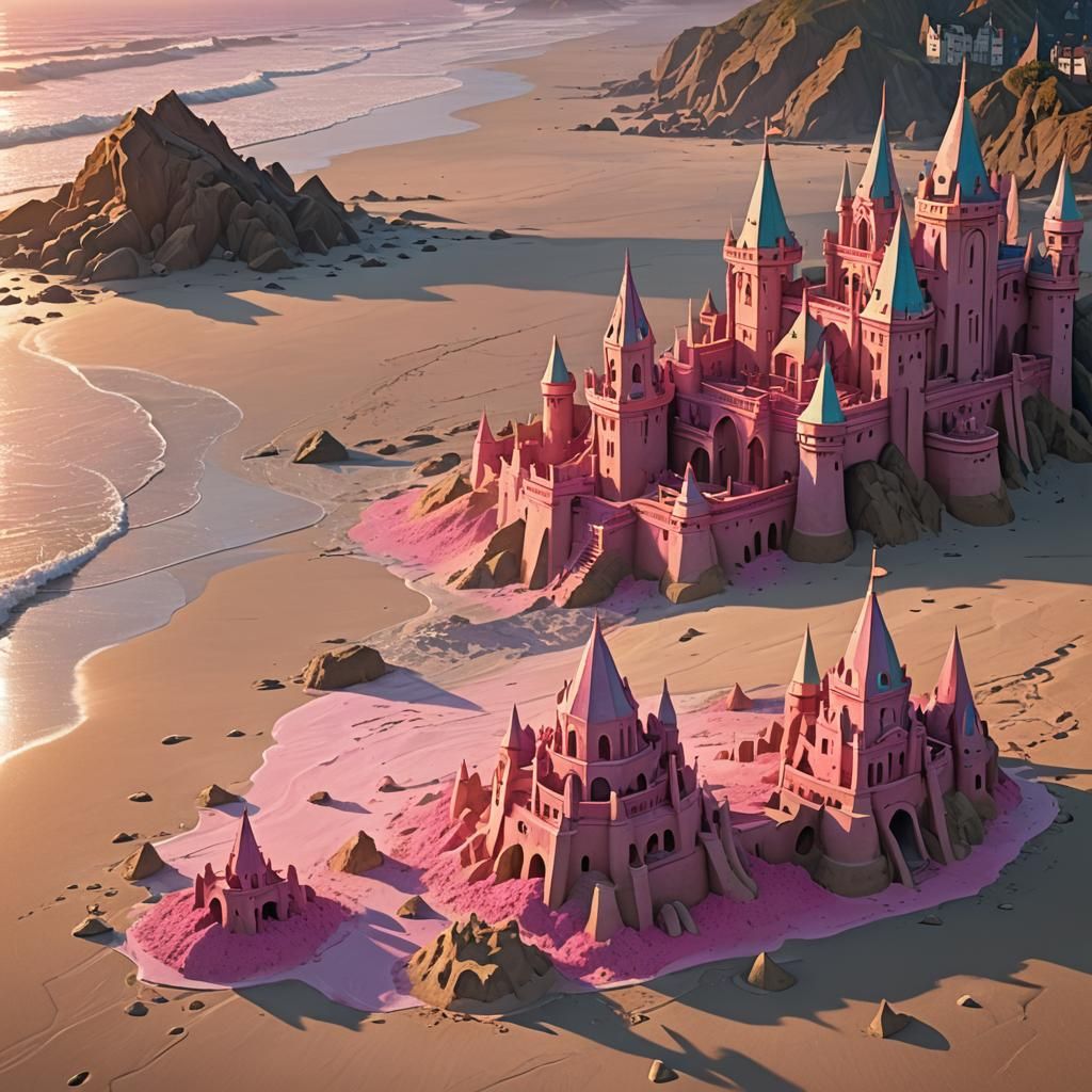 Pink Sandcastles at Sunset in Hyper-Realistic Digital Art