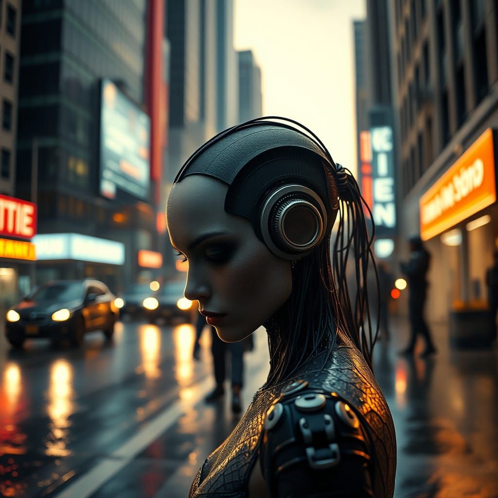 Cyberpunk Cityscape at Dusk with Futuristic Riot Police