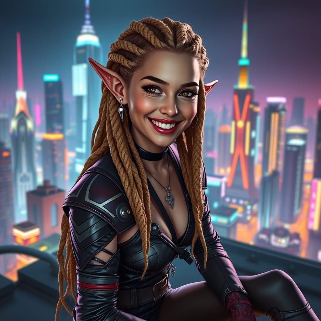 Cyberpunk Elf Overlooking Neon Cityscape