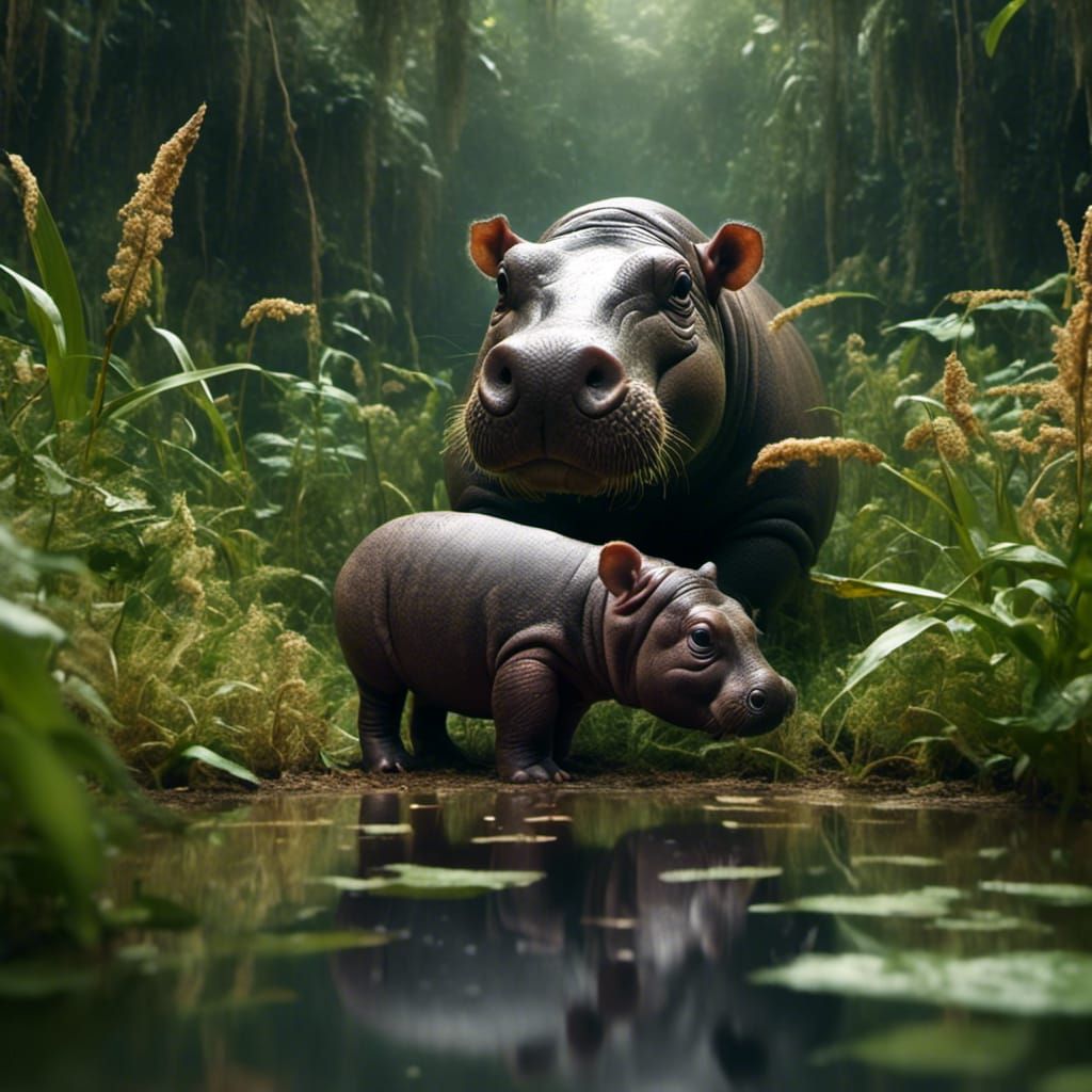 Pygmy Hippo Mother and Baby Eating
