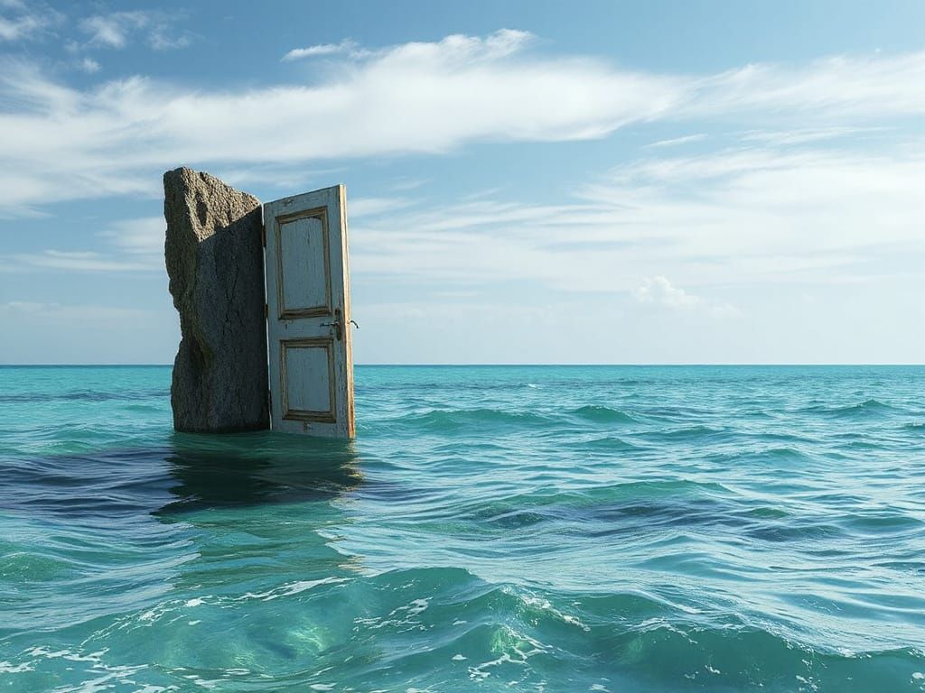 Surreal Door Floating on Ocean: Digital Art