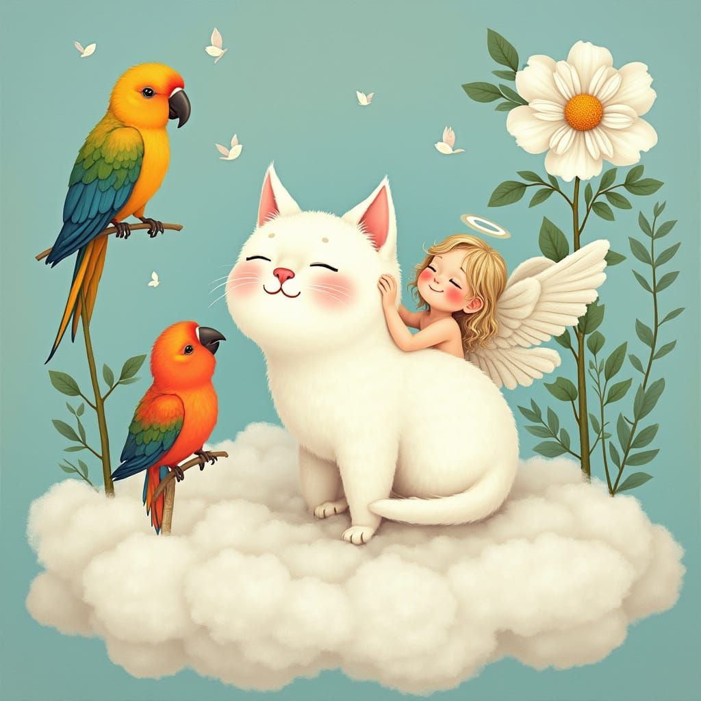 Whimsical White Cat on Cloudy Day in Vibrant Colors