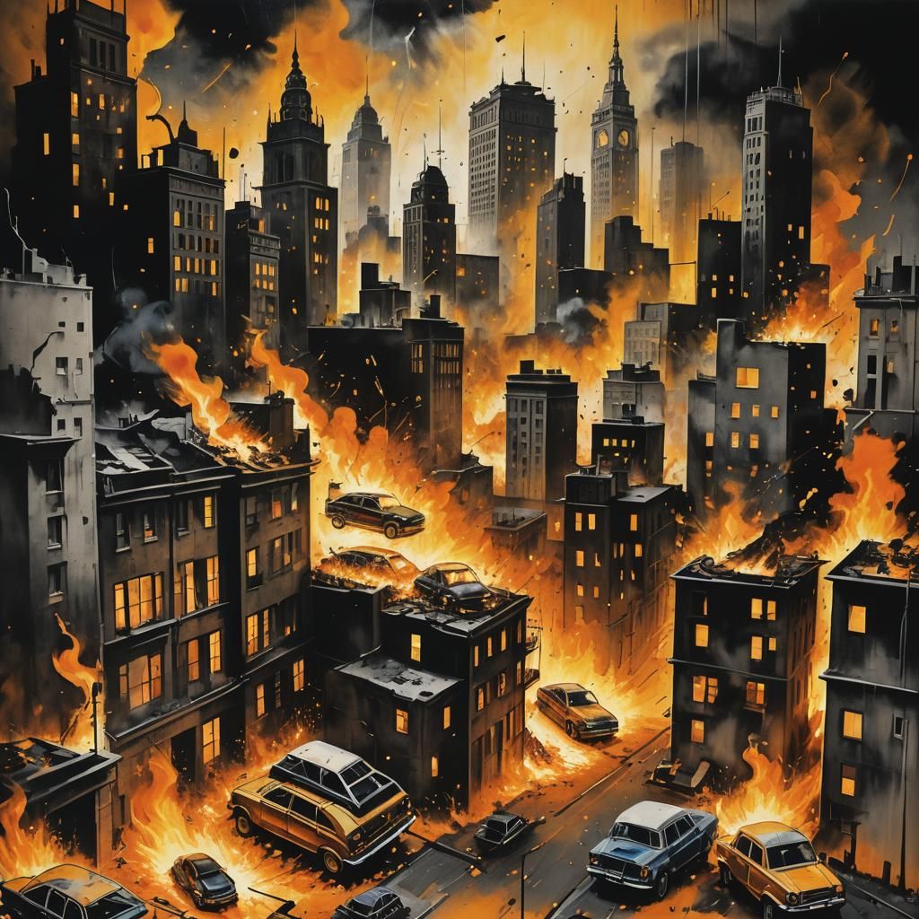 Exploding Cityscape in Vibrant Stencil Art