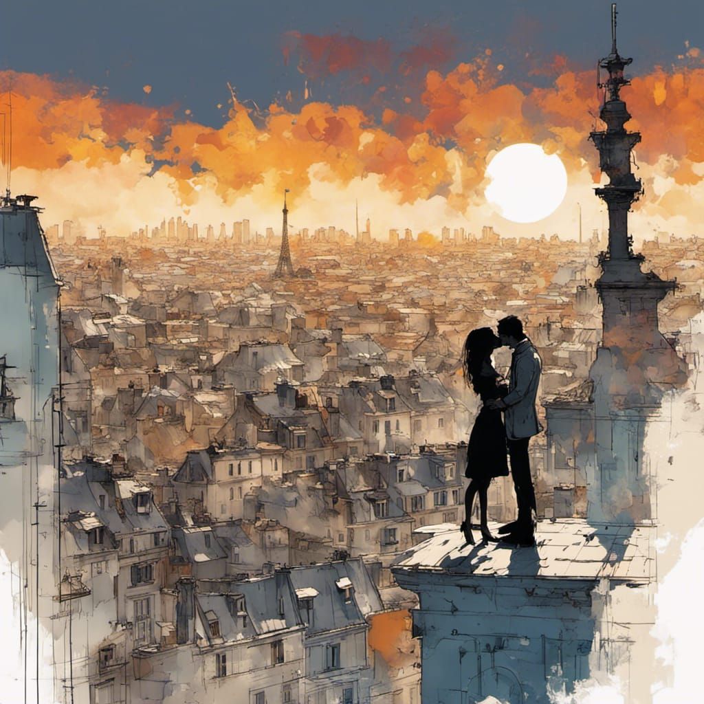 Passionate Kiss on Post-Apocalyptic Paris Roofs