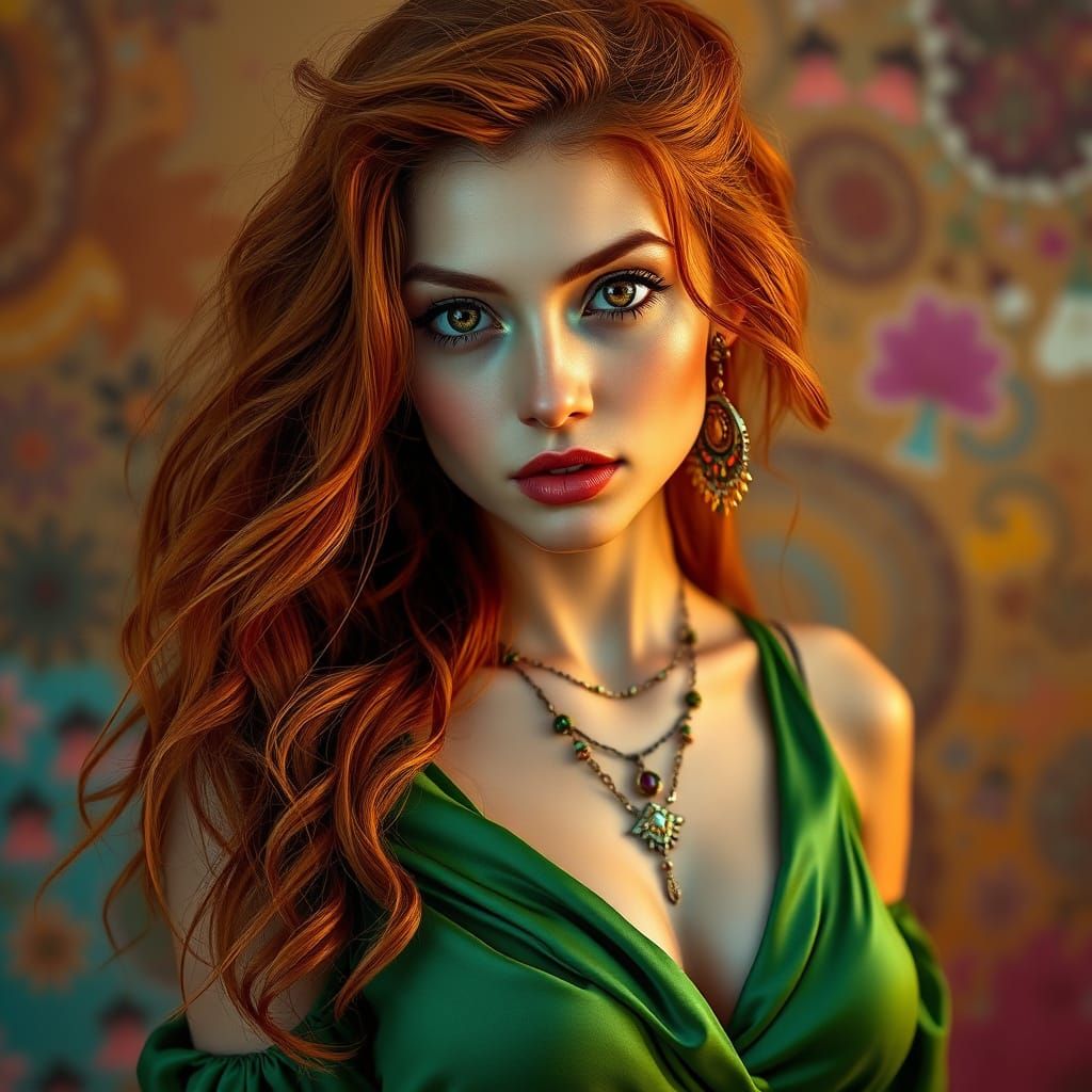 Ethereal Bohemian Goddess in Vibrant Satin