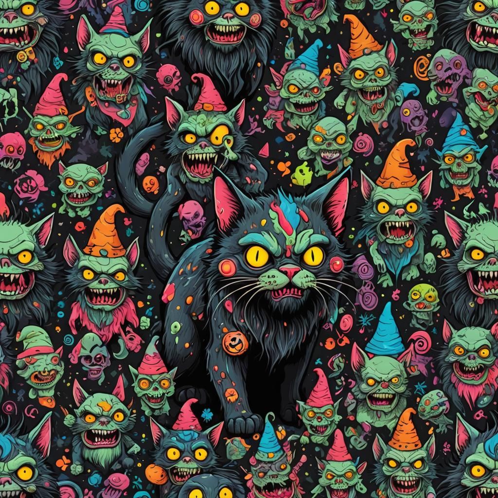 Psychedelic Zombie Cat and Gnomes in Dark Art