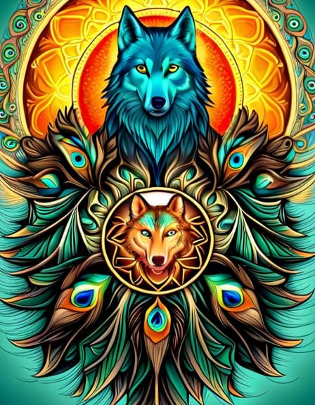 Dreamcatcher with Wolf and Peacock Feathers