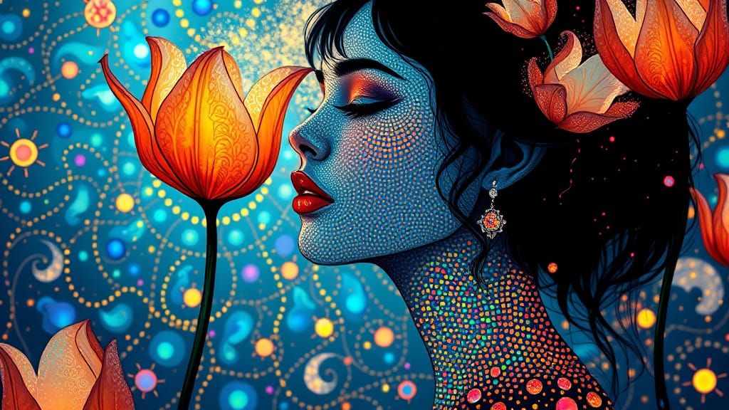 Ethereal Goddess amidst Iridescent Opal Tulips in Whimsical,...