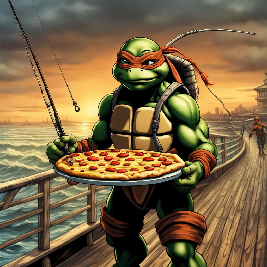 Michelangelo Fishing with Pizza: Comic Book Art