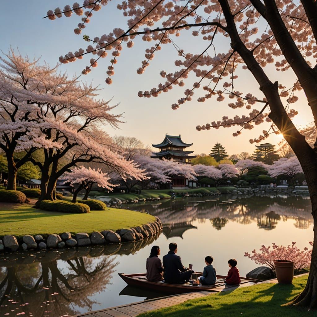 Family Picnic Under Cherry Blossoms at Sunset