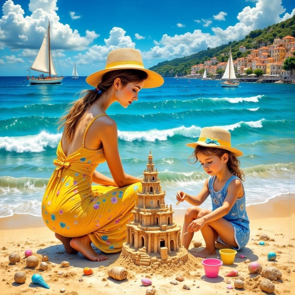 Sunny Beach Scene in Impressionist Style