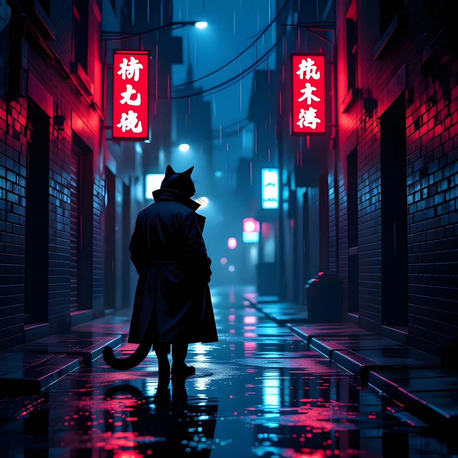 Feline Detective in Neon Alleyway Noir
