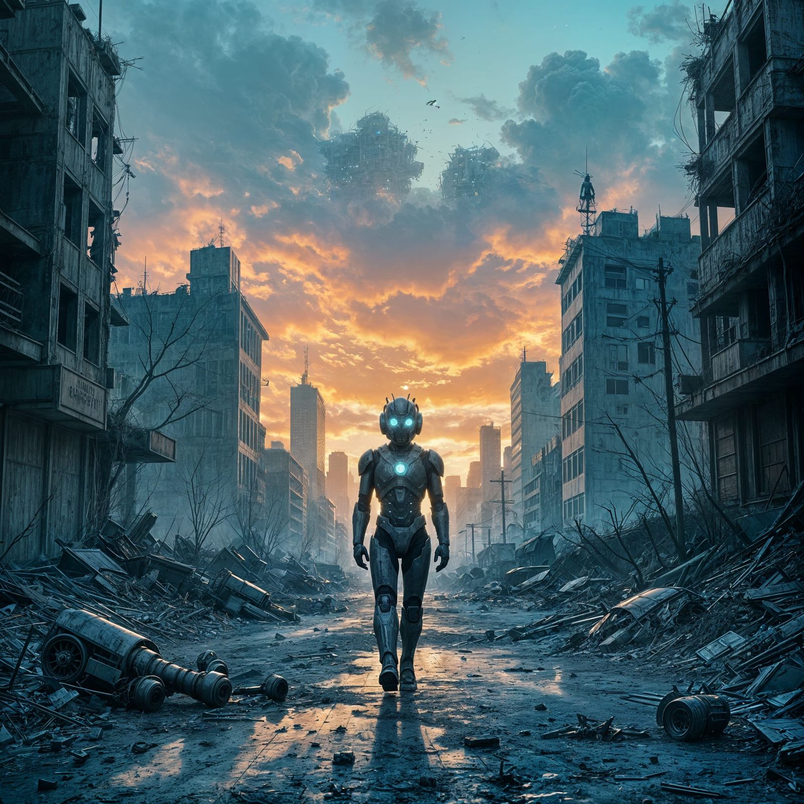 Android in Shattered Cityscape Under Polluted Sky