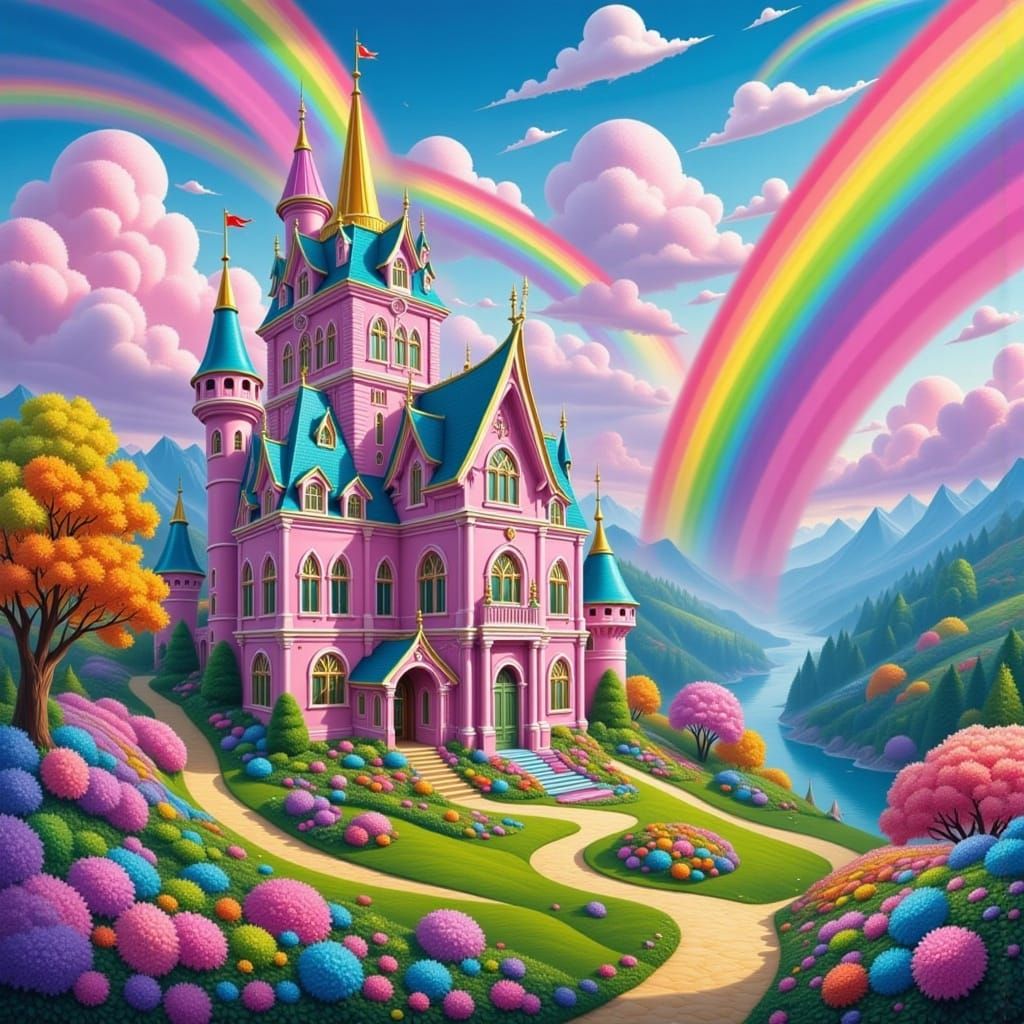The outside of a stately pink castle with rainbows all aroun...