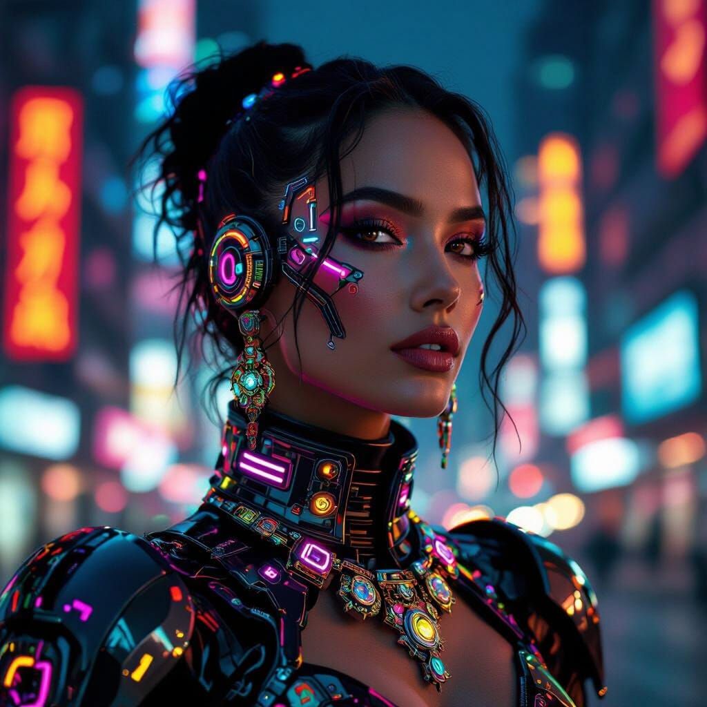 Cyborg Woman in Colorful Haute Couture
