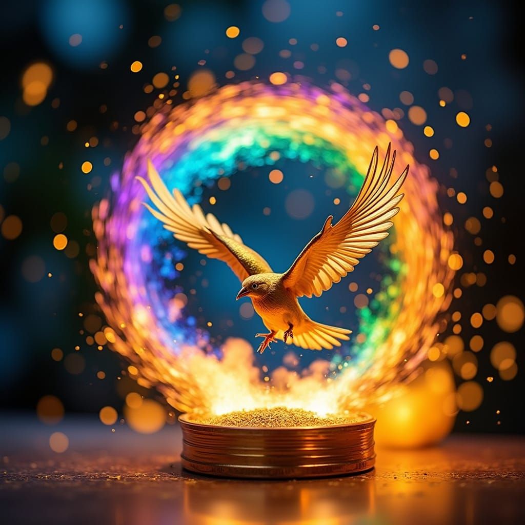 Golden Birds Dance Around Brilliant Rainbow Fire