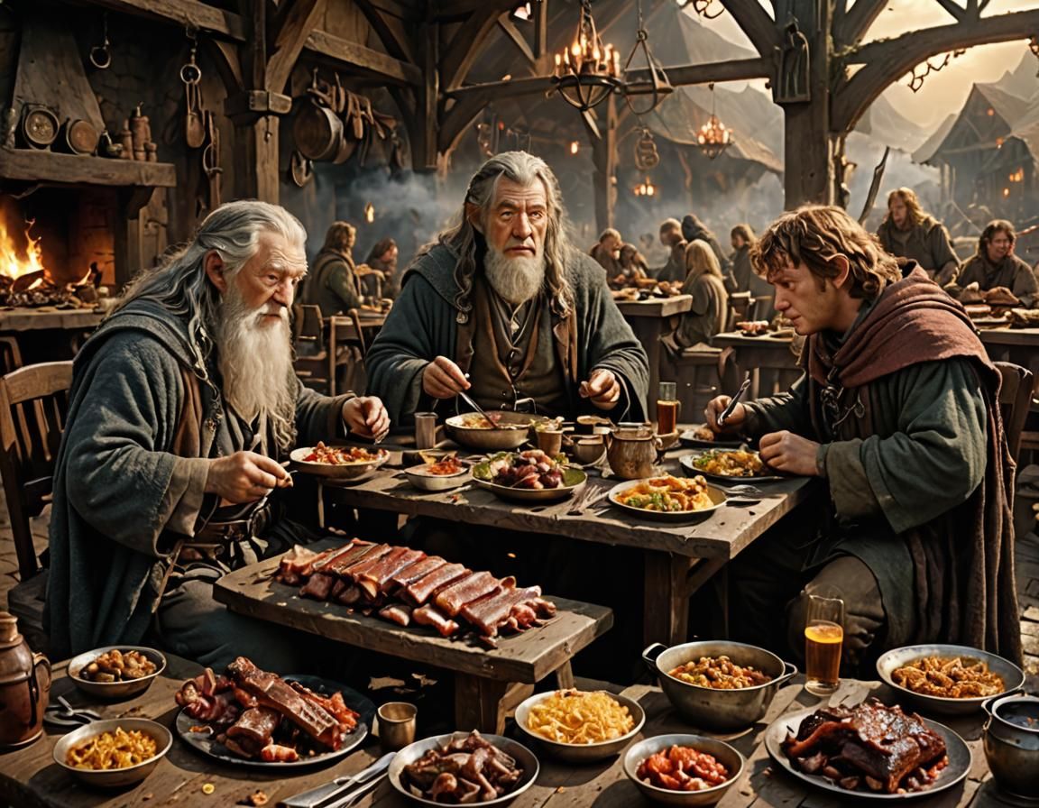 Gandalf the Wizard. Frodo and Samwise are sitting at a table...