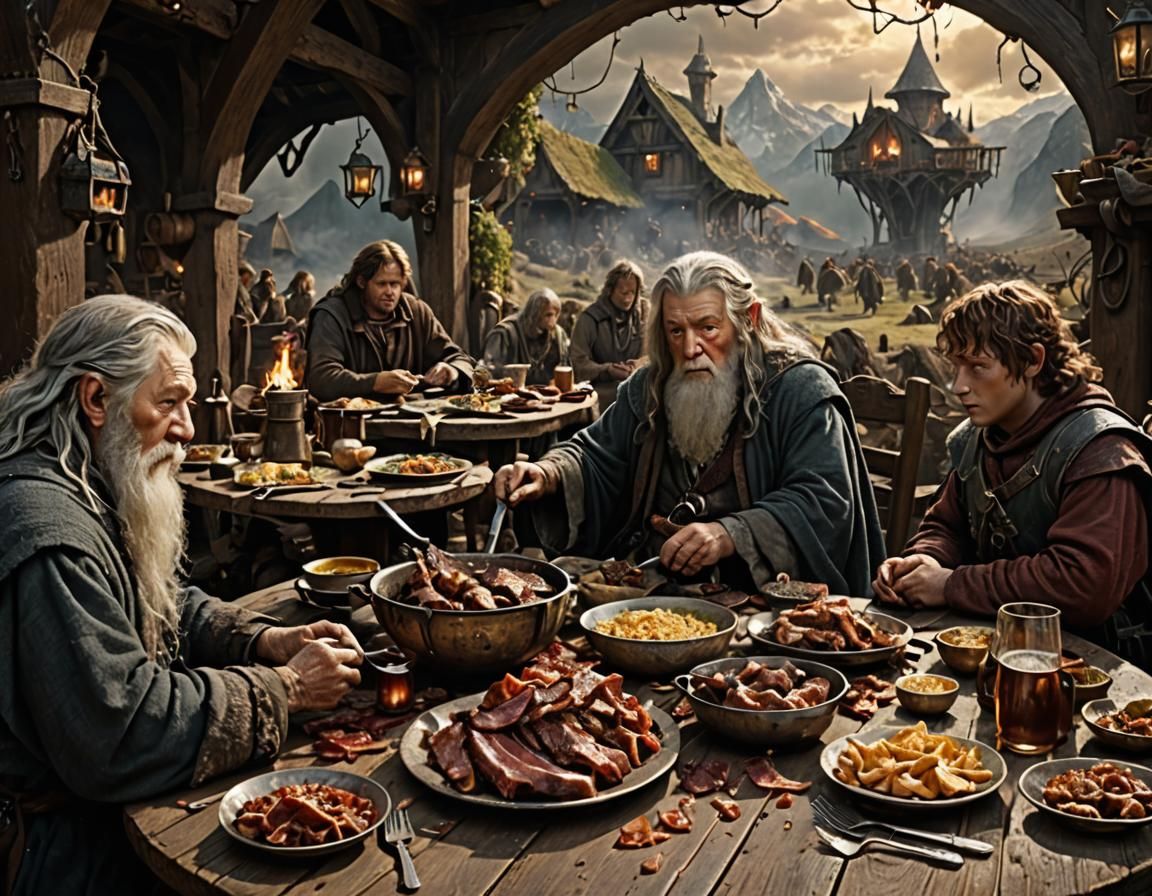Gandalf the Wizard. Frodo and Samwise are sitting at a table...