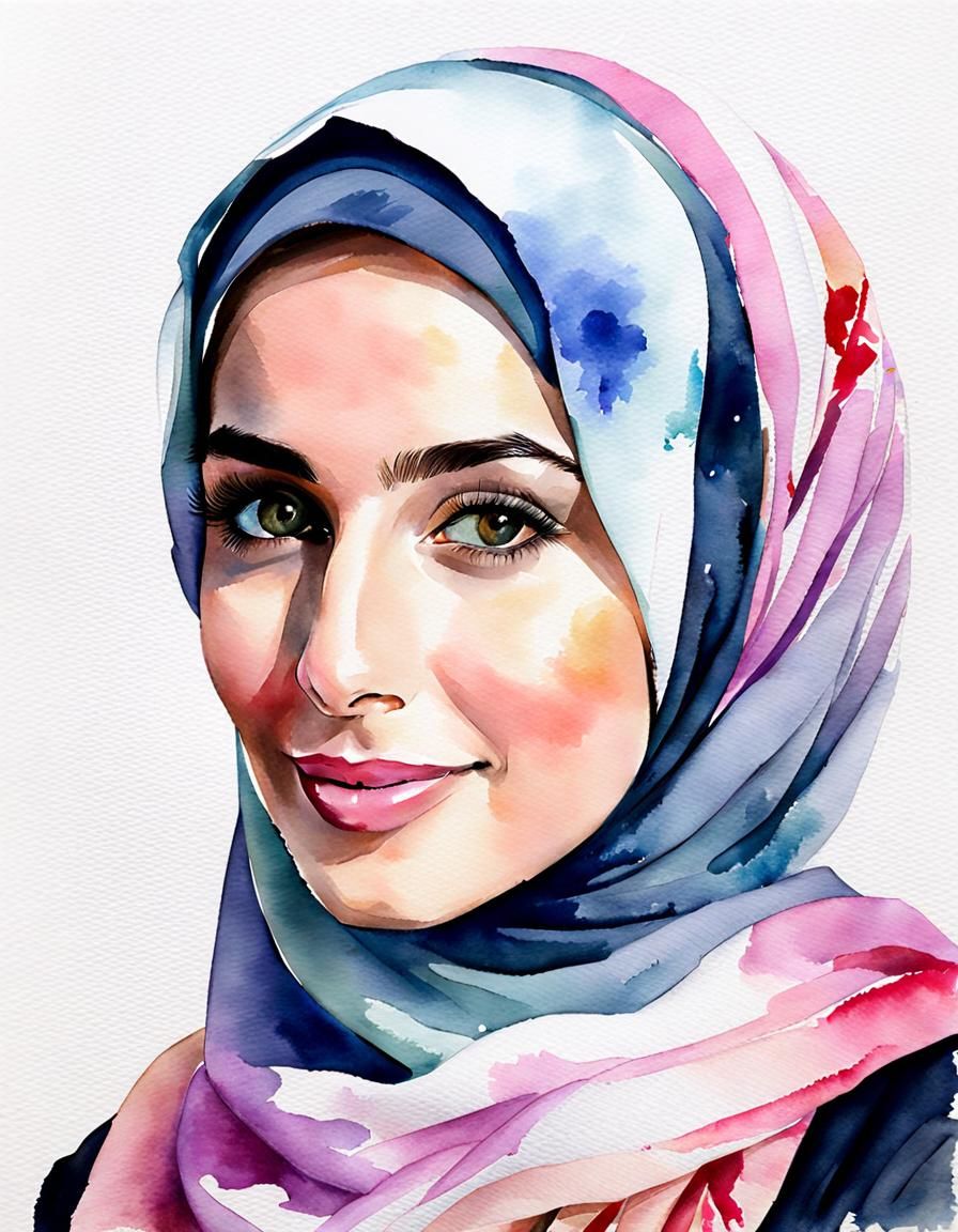 Beautiful Hijabi Woman Portrait in Watercolor Style