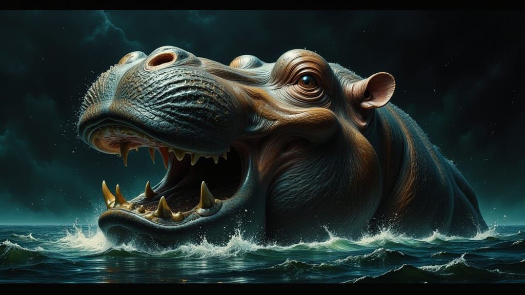 Giant Hippo Emerging from Water in Dramatic Light