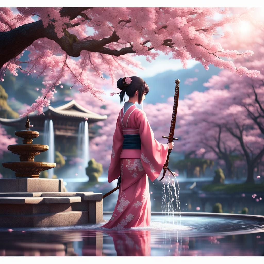 Anime Girl in Kimono Bowing at Cherry Blossom Fountain