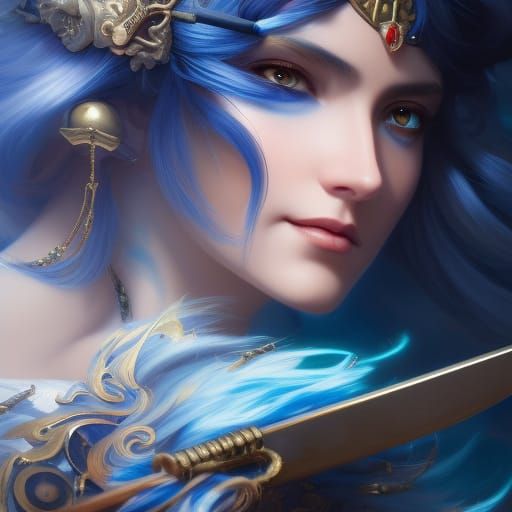 Blue-Haired Anime Swordswoman: Detailed Fantasy Art