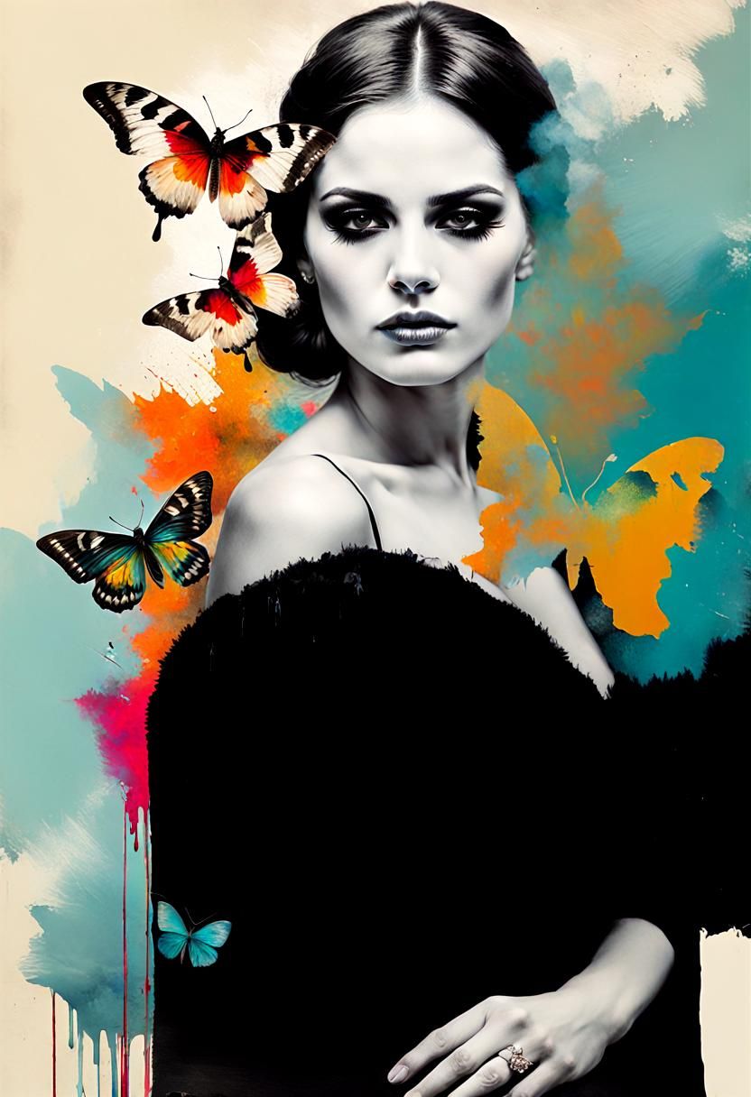 Double Exposure: Woman, Skulls, Moths in Collage