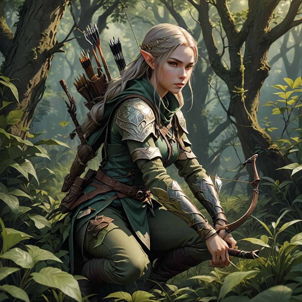 Elven Huntress Archer in Forest, 3D Anime Art