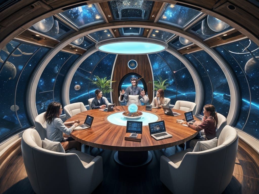 Futuristic Spaceship Office with Holographic Displays