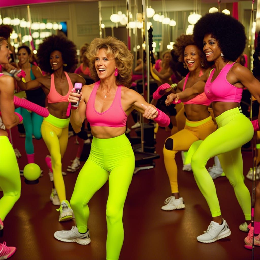 Richard Simmons & Headband wearing Jane Fonda & a group Ebony women working out with leg warmers in front of a mirror wi...