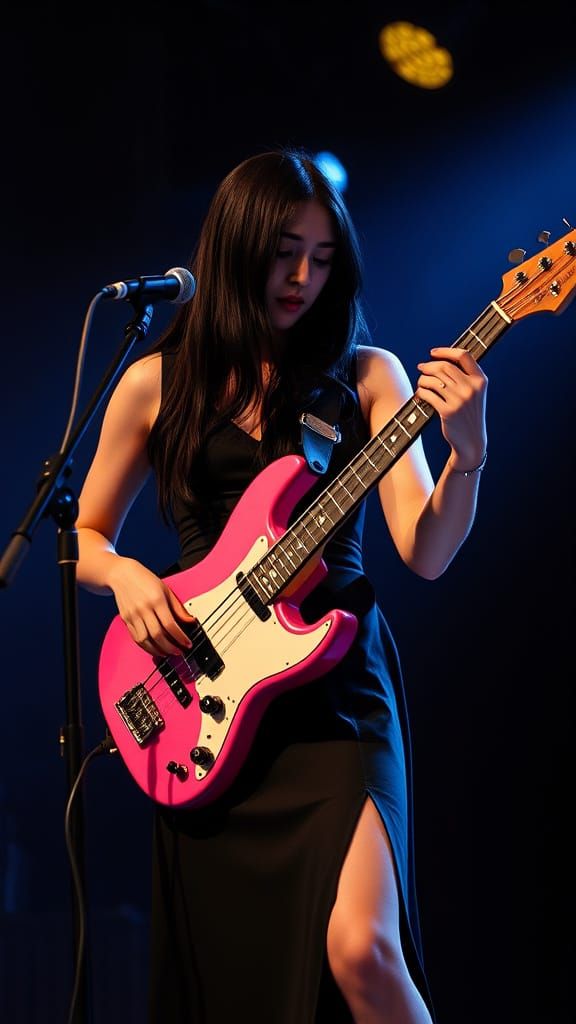 Woman Plays Pink Bass Guitar on Stage