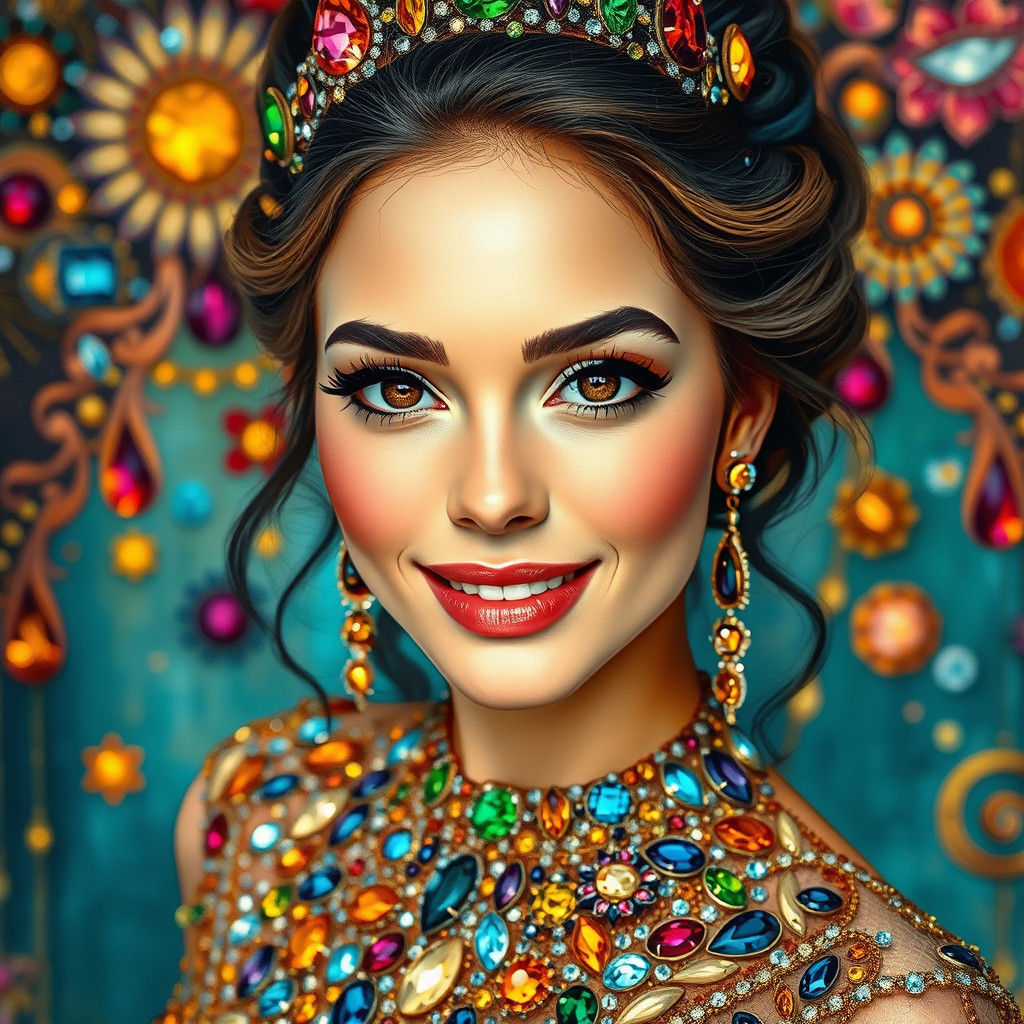 Woman in Gem Dress: Art Nouveau Digital Painting