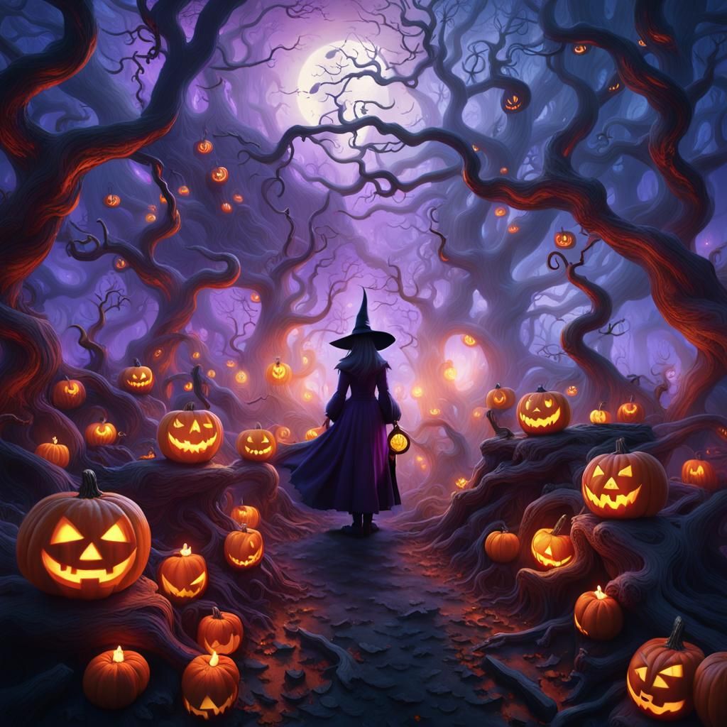 Mystical Witch in a Glowing Halloween Forest