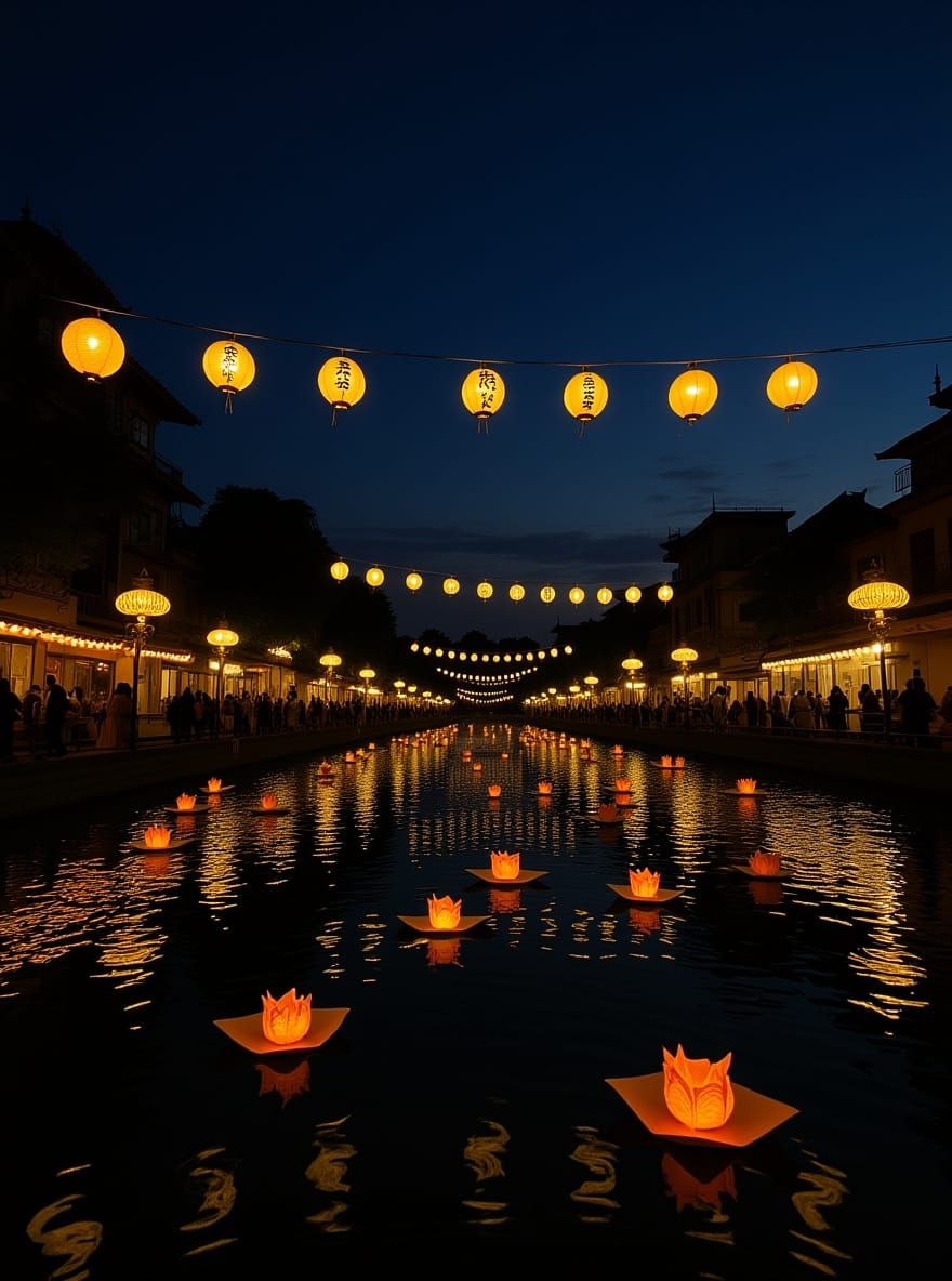 Floating Lanterns Reflect on River at Twilight