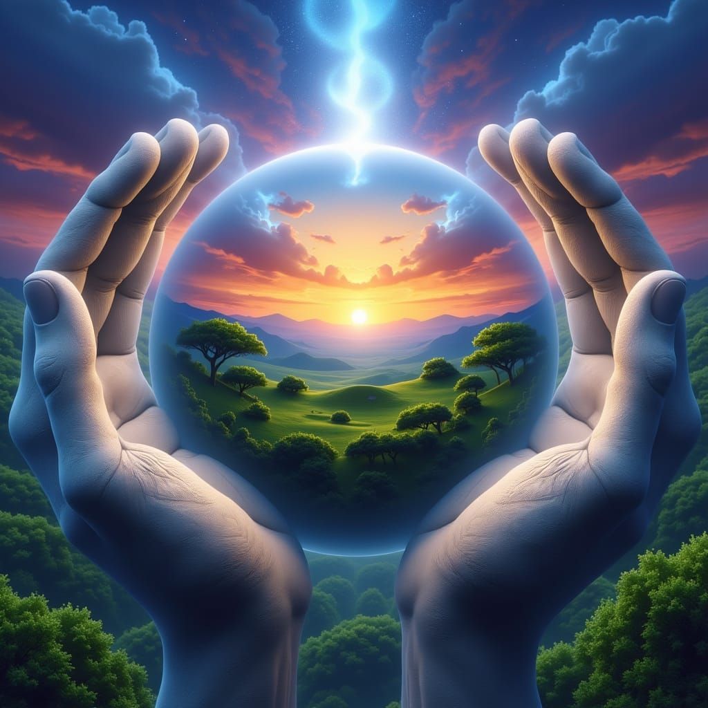 Stone Hands Cradle Cracked World with Sunset Sky