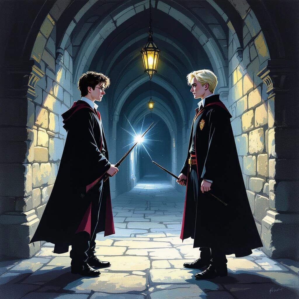 Harry Potter and Draco Malfoy Confrontation in Hogwarts Corr...