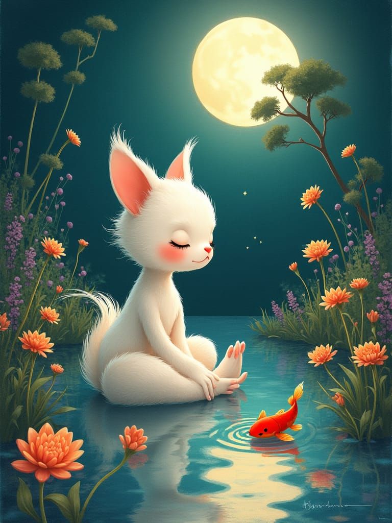 Puchaina in Moonlit Garden: Watercolor Illustration