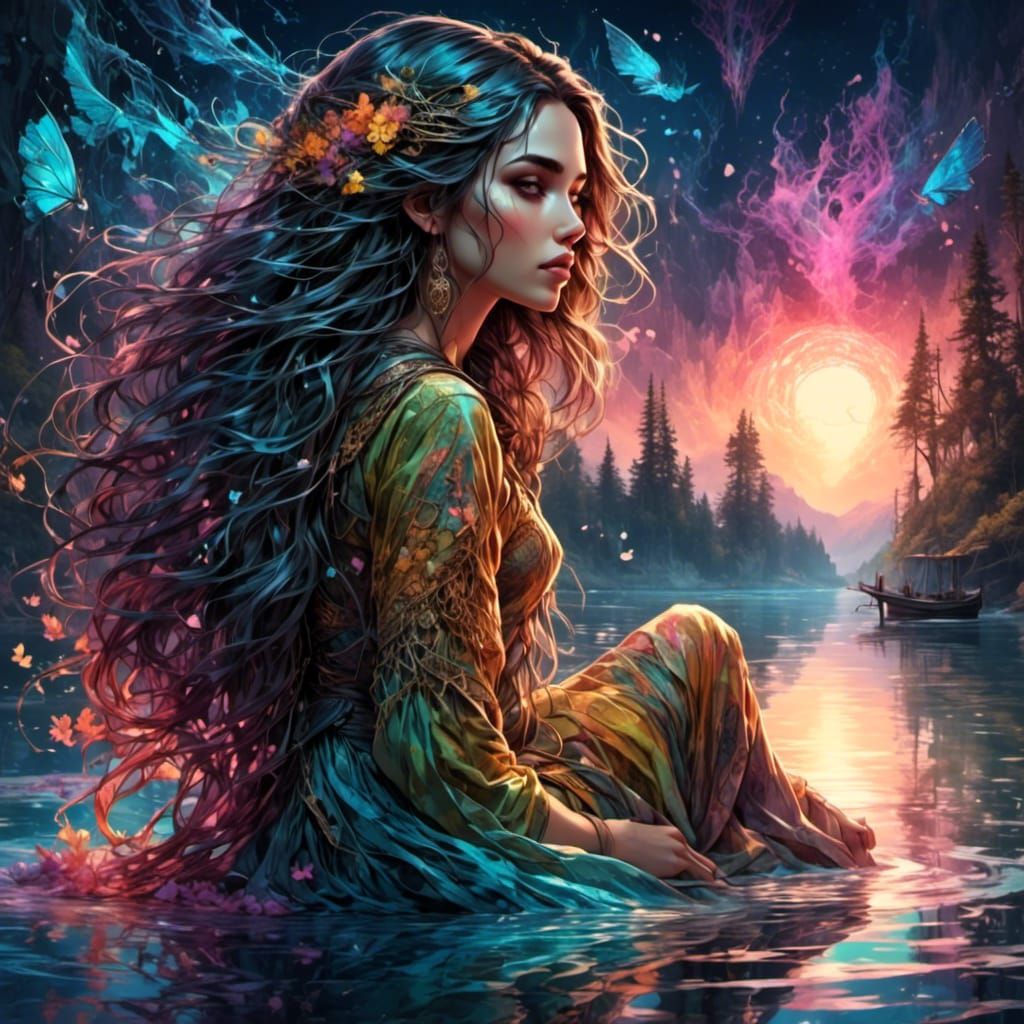 Woman Gazing at Lake with Vibrant Colors