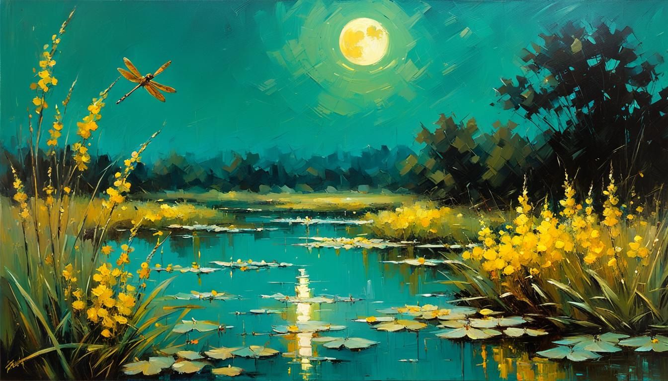 Golden Dragonfly Under Moonlight: An Oil Painting