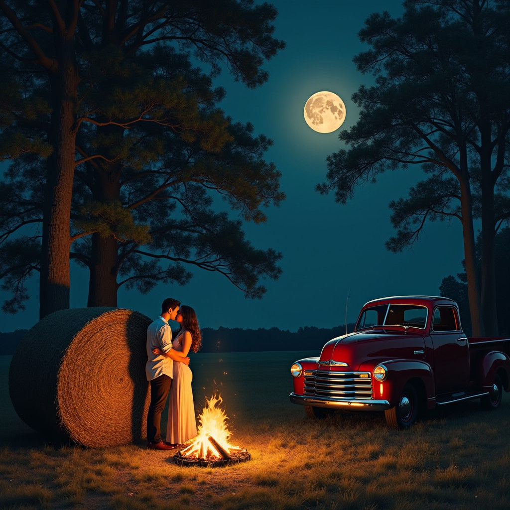 Romantic Campfire Kiss Under Moonlight