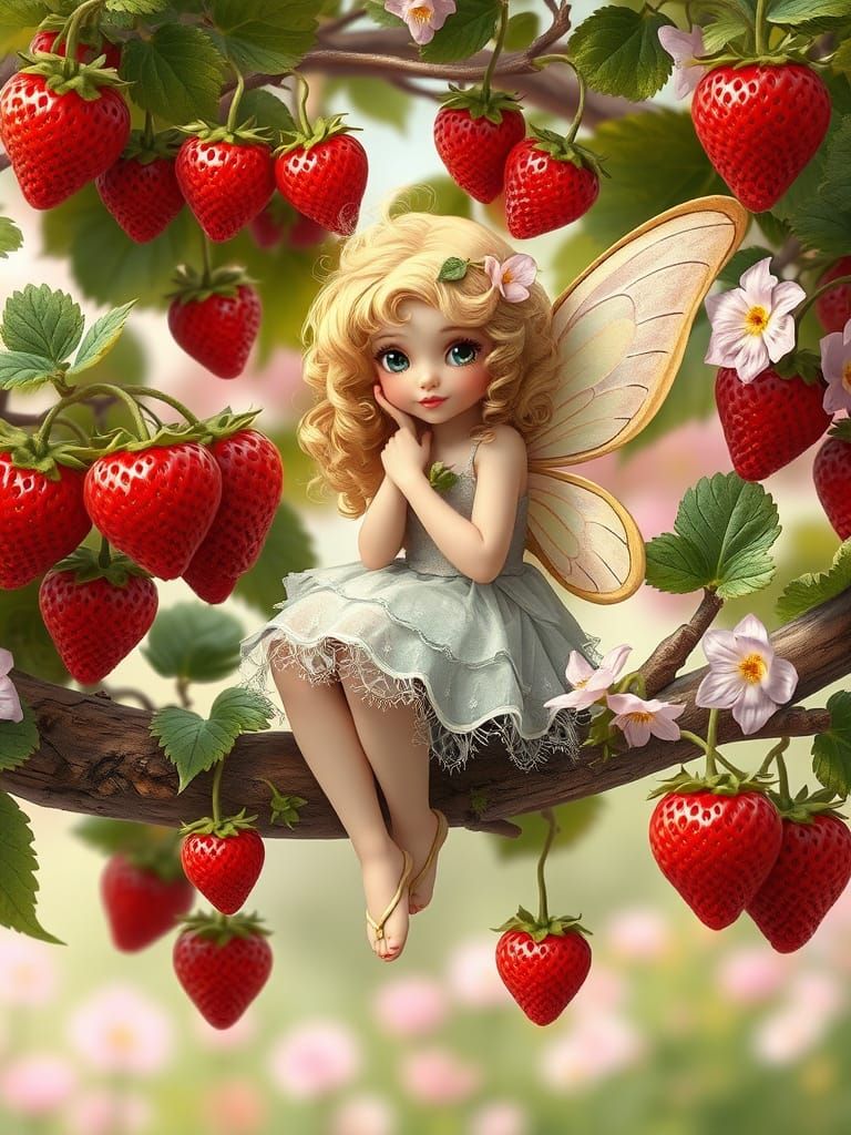 Magical Fairy in Strawberry Tree Spring Scene