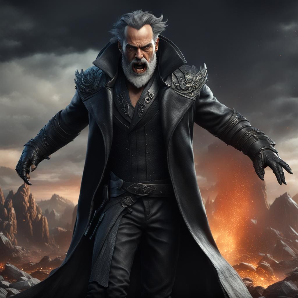 Angry Man with Black Leather Coat in Fantasy Style