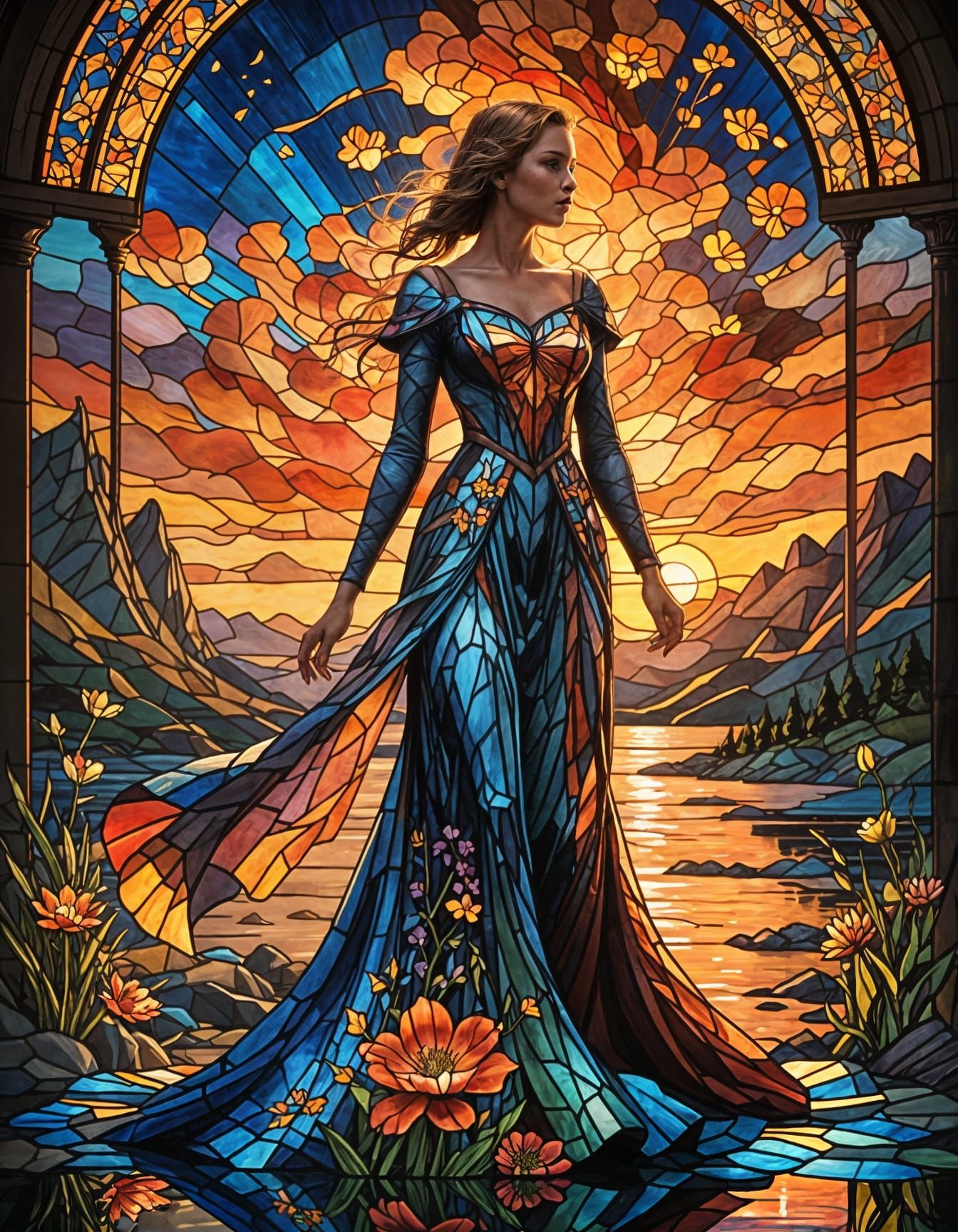 Woman in Flowing Stained Glass Dress at Sunset