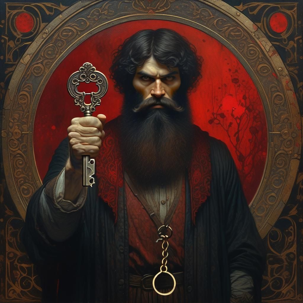 Eerie Portrait of Man with Red-Stained Key