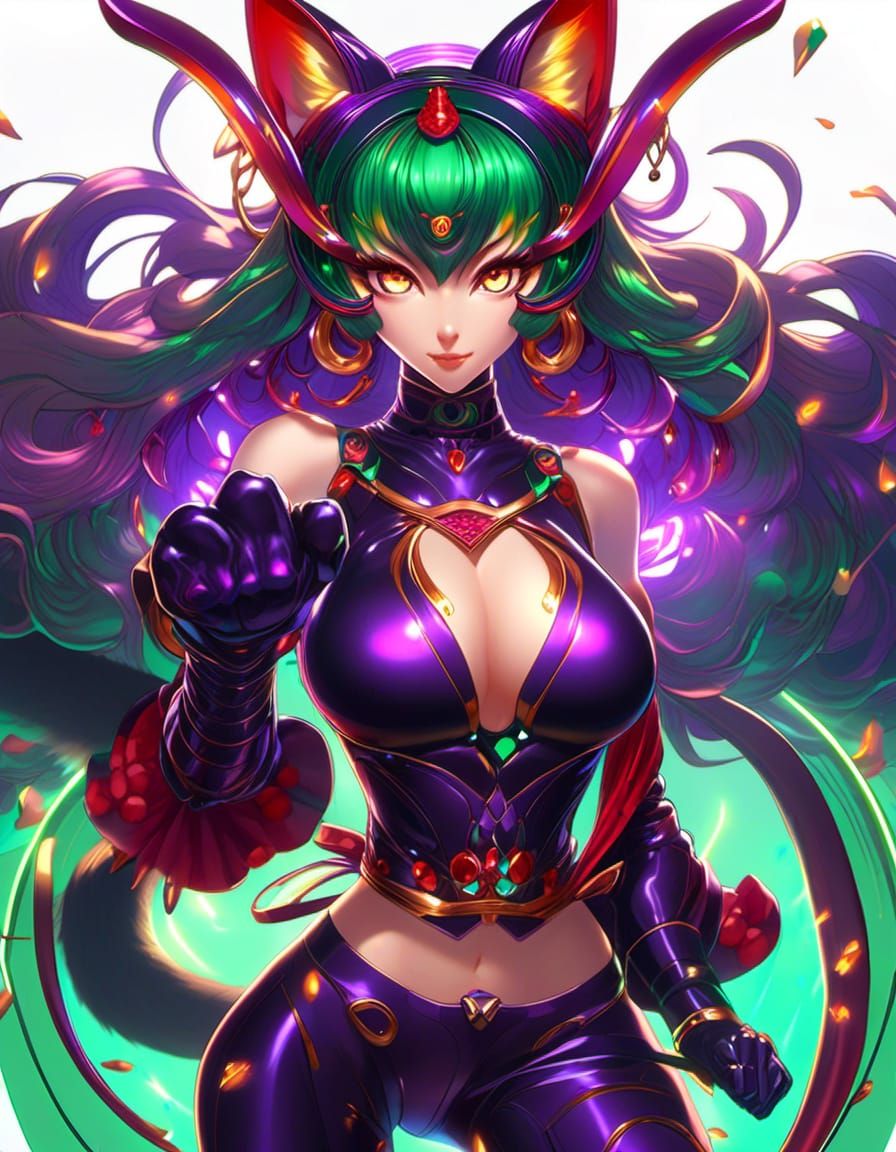 Anime Woman with Cat Ears Kicks with Fiery Eyes