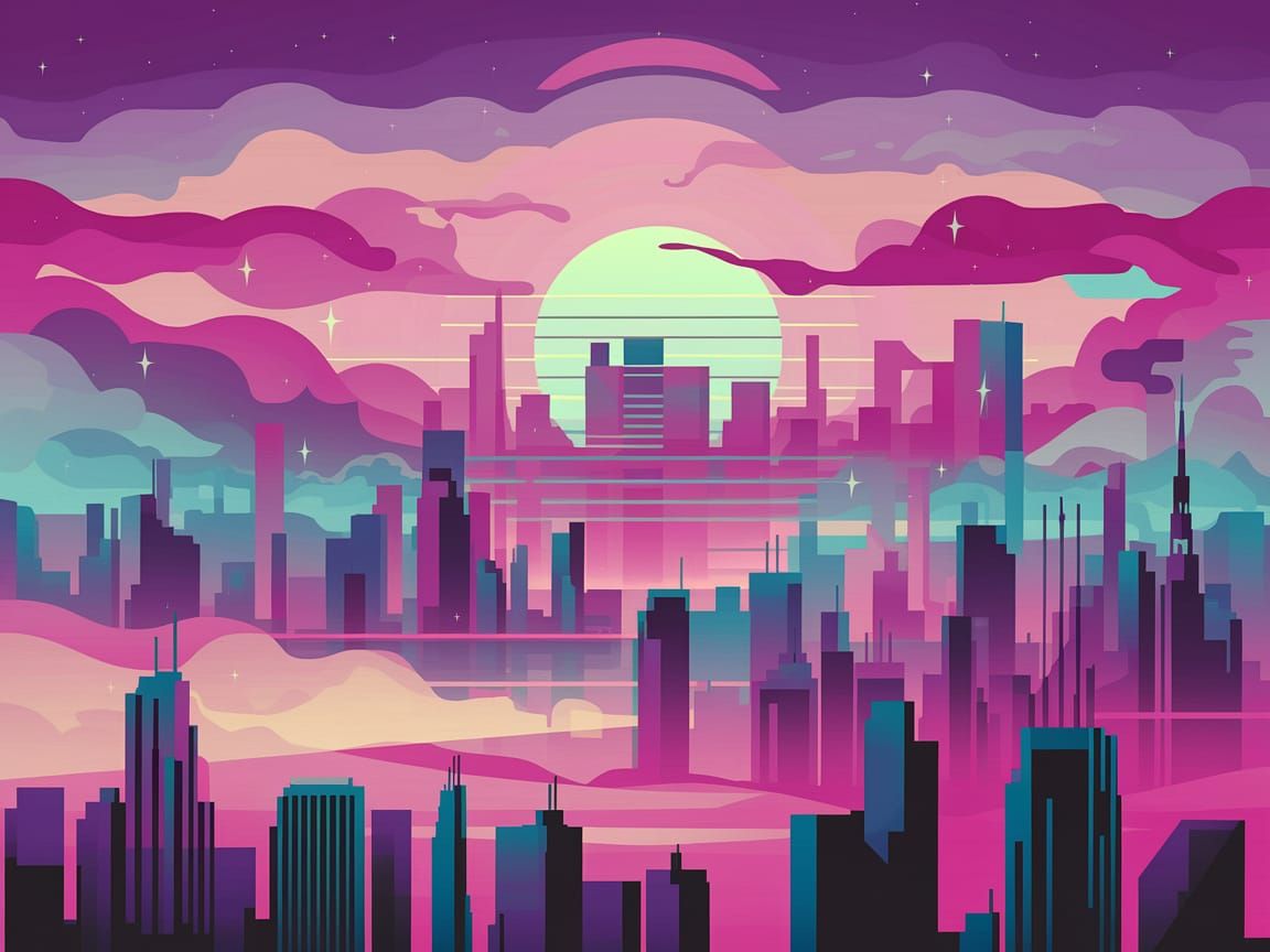 Vaporwave Cityscape Inspired by Hiroshi Nagai