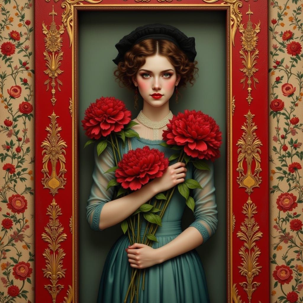 Woman in Teal Dress with Red Peonies in Ornate Frame